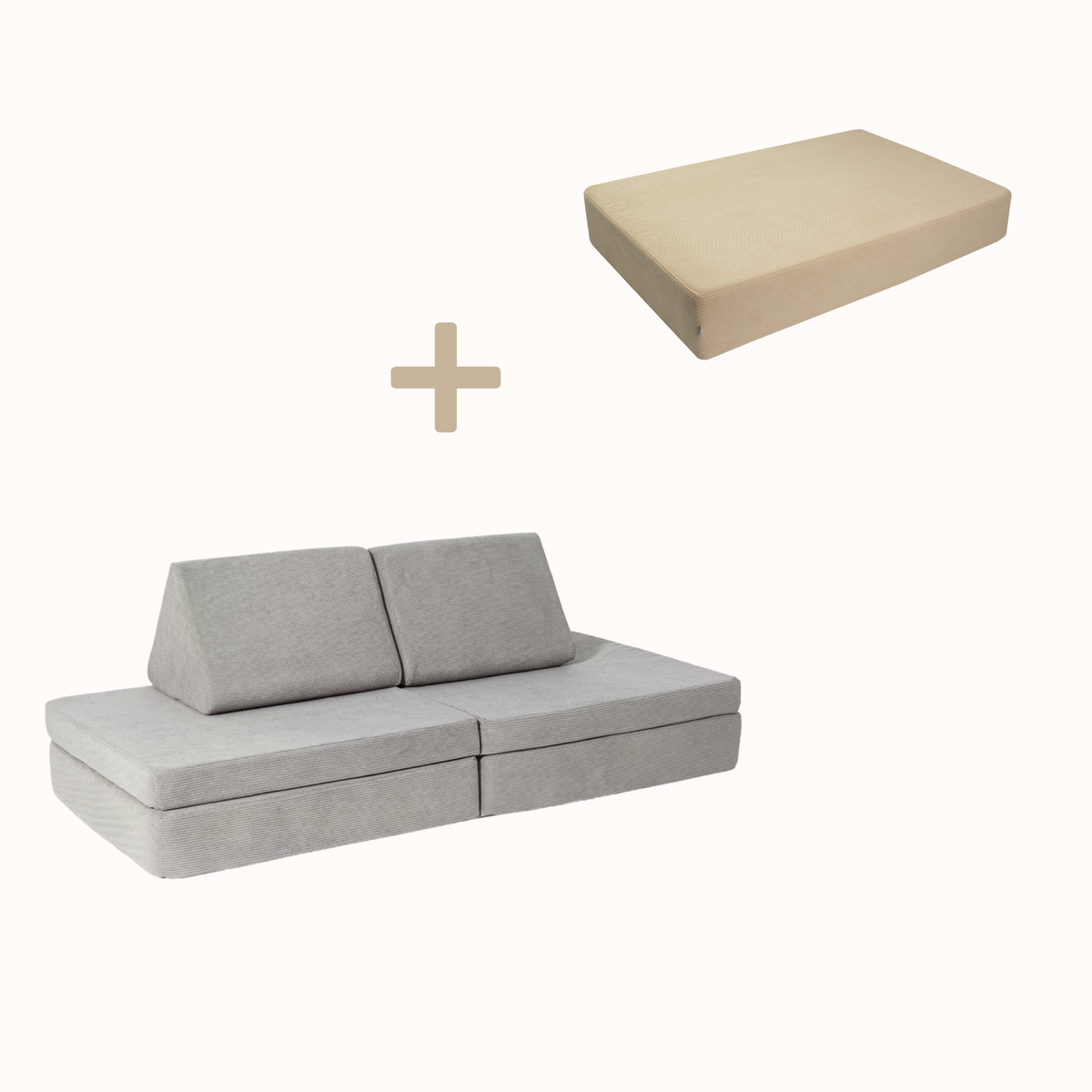 malwim Bundle aus Hüpfpolster Cord in Beige und Spielsofa Cord in Mausgrau, handgefertigt und OEKO-TEX zertifiziert