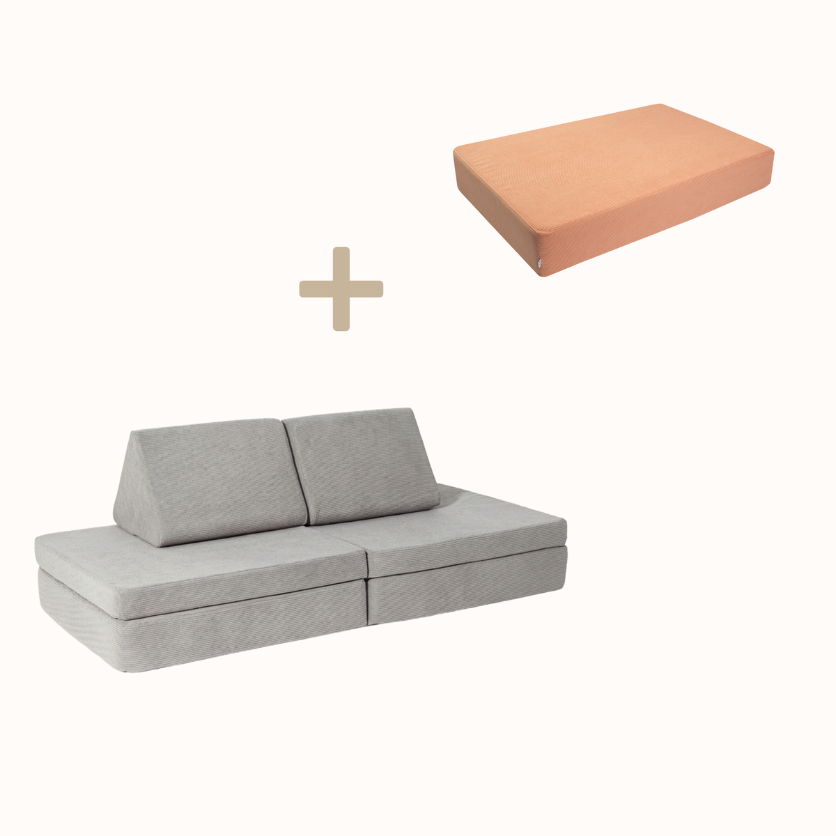 malwim Bundle aus Hüpfpolster Cord in Coral und Spielsofa Cord in Mausgrau, handgefertigt und OEKO-TEX zertifiziert