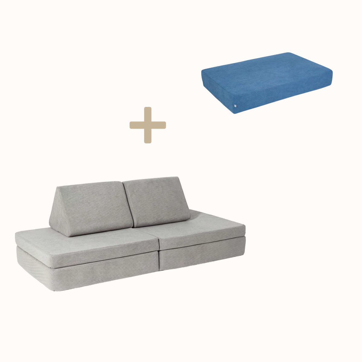 malwim Bundle aus Hüpfpolster Cord in Azurblau und Spielsofa Cord in Mausgrau, handgefertigt und OEKO-TEX zertifiziert