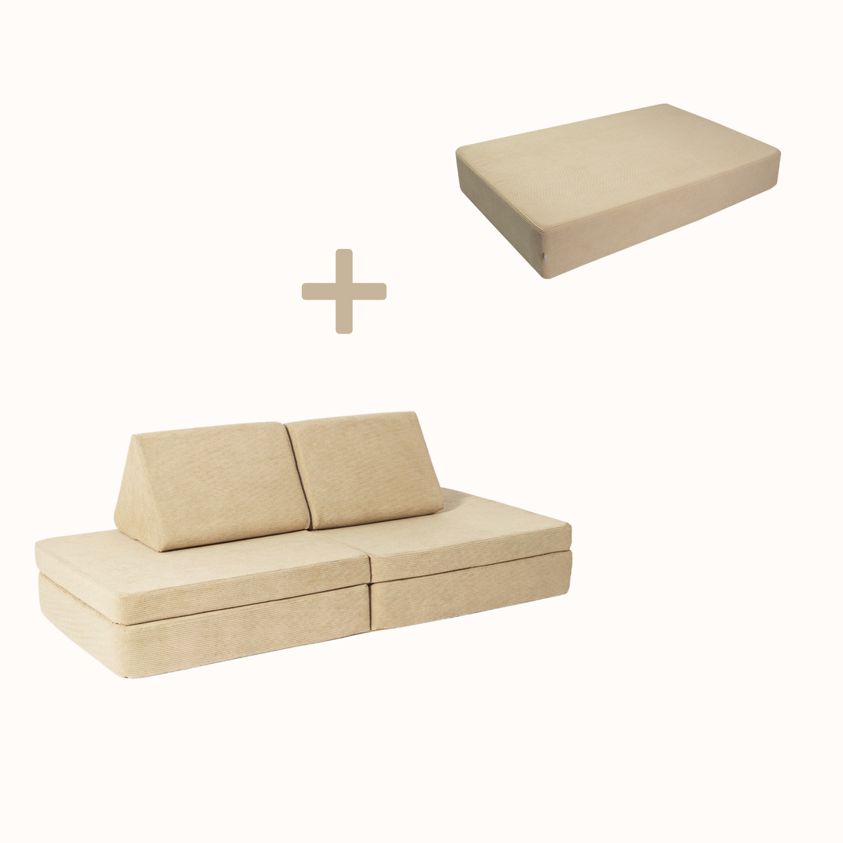 malwim Bundle aus Spielsofa und Hüpfpolster Cord, Ton in Ton in Beige, handgefertigt und OEKO-TEX zertifiziert