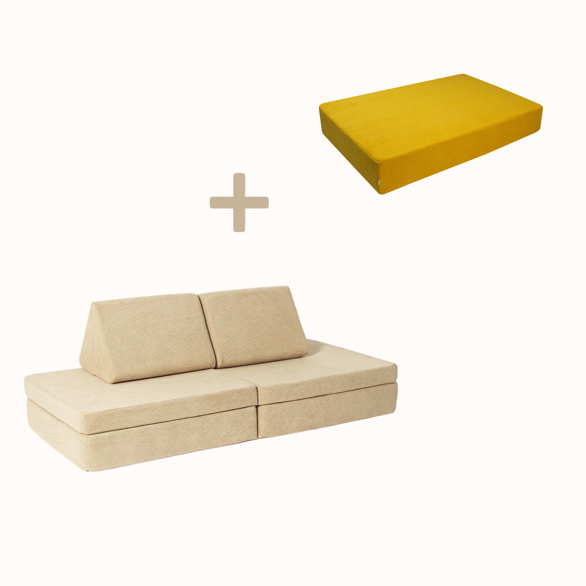 malwim Bundle aus Hüpfpolster Cord in Goldgelb und Spielsofa Cord in Beige, handgefertigt und OEKO-TEX zertifiziert