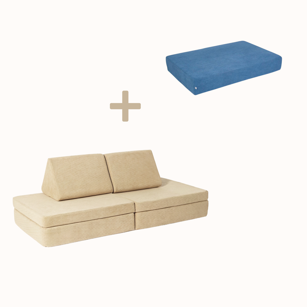 malwim Bundle aus Hüpfpolster Cord in Azurblau und Spielsofa Cord in Beige, handgefertigt und OEKO-TEX zertifiziert