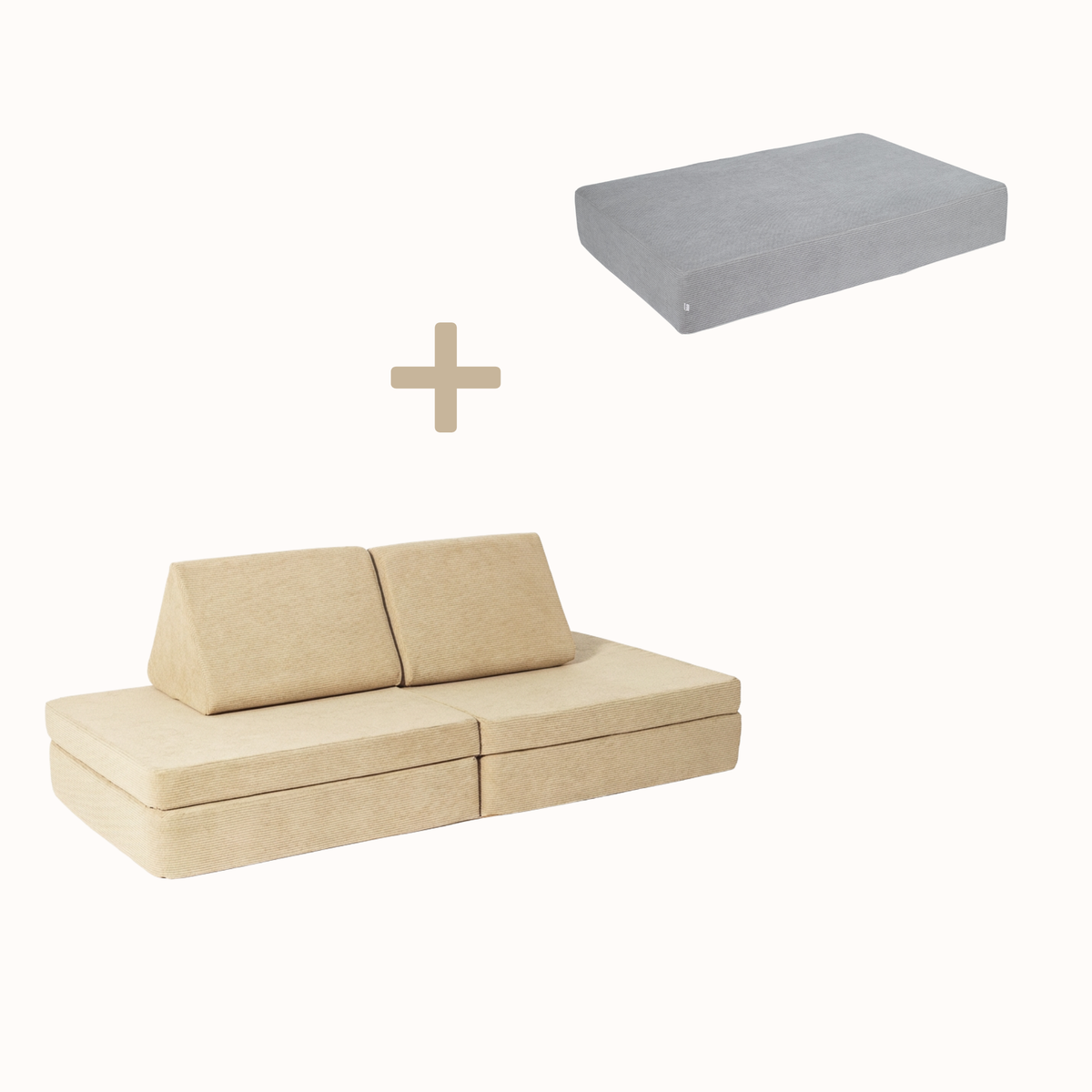 malwim Bundle aus Hüpfpolster Cord in Mausgrau und Spielsofa Cord in Beige, handgefertigt und OEKO-TEX zertifiziert