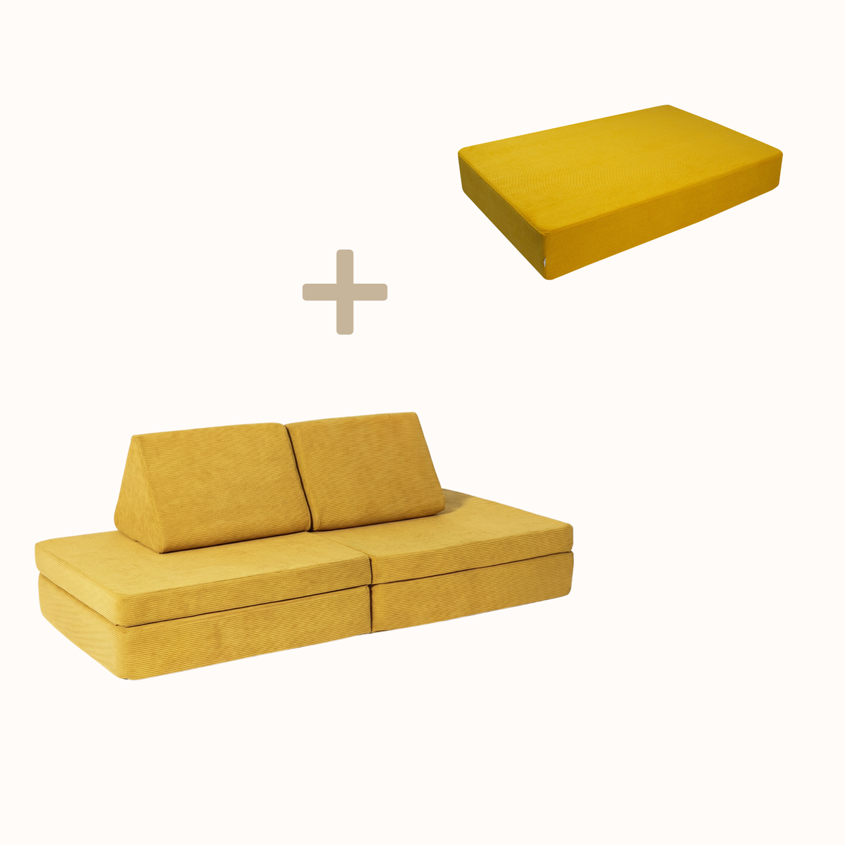 malwim Bundle aus Spielsofa und Hüpfpolster Cord, Ton in Ton in Goldgelb, handgefertigt und OEKO-TEX zertifiziert
