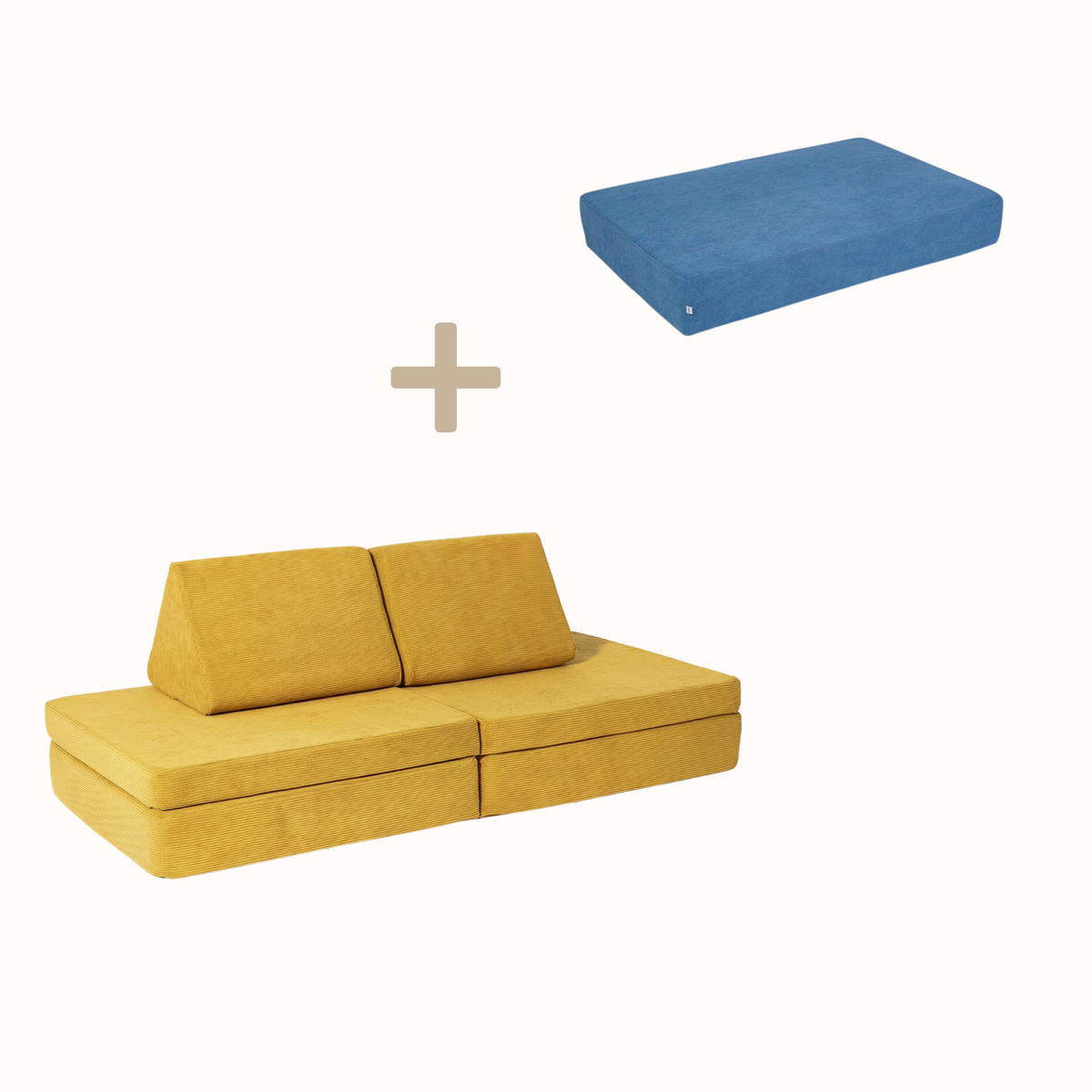 malwim Bundle aus Hüpfpolster Cord in Azurblau und Spielsofa Cord in Goldgelb, handgefertigt und OEKO-TEX zertifiziert
