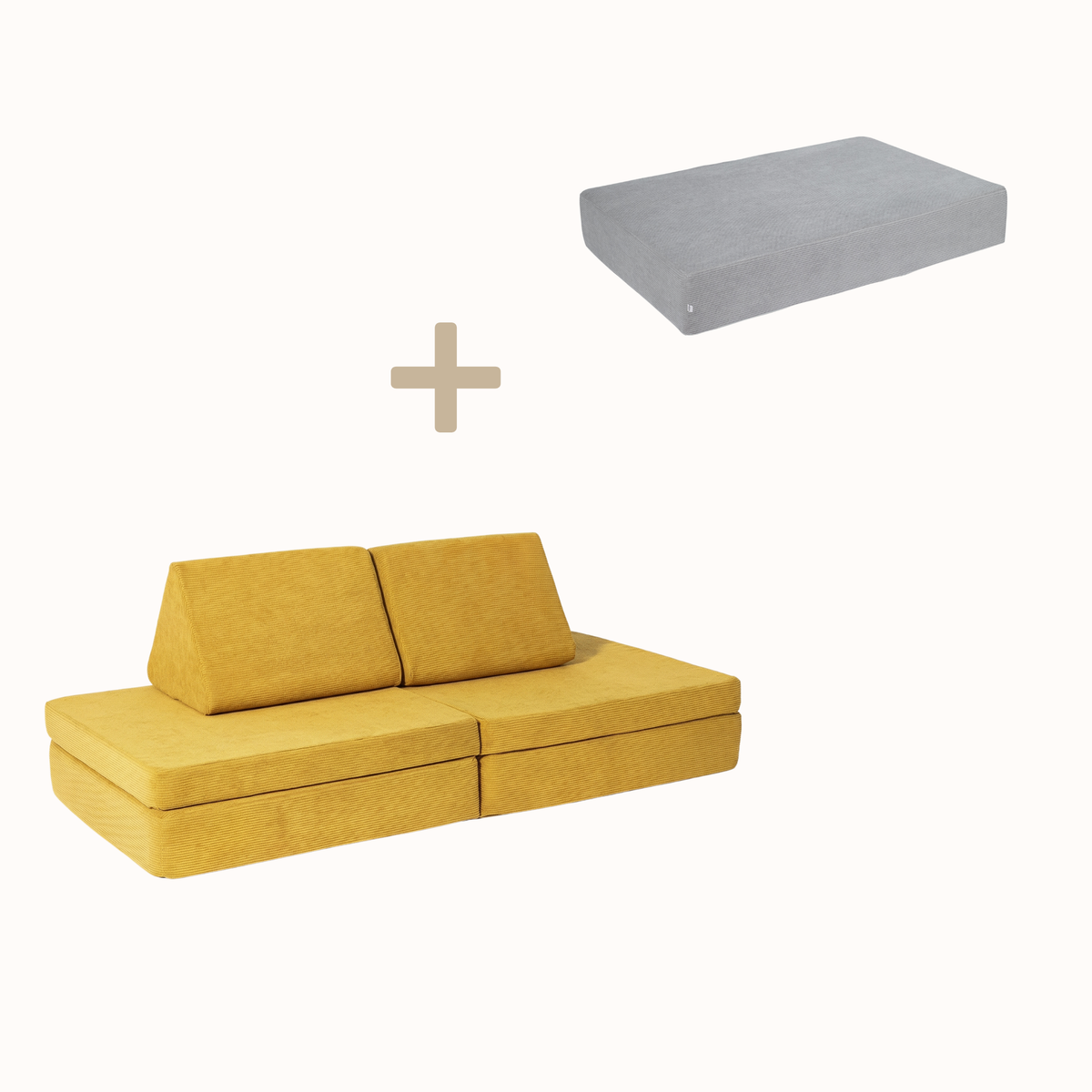 malwim Bundle aus Hüpfpolster Cord in Mausgrau und Spielsofa Cord in Goldgelb, handgefertigt und OEKO-TEX zertifiziert