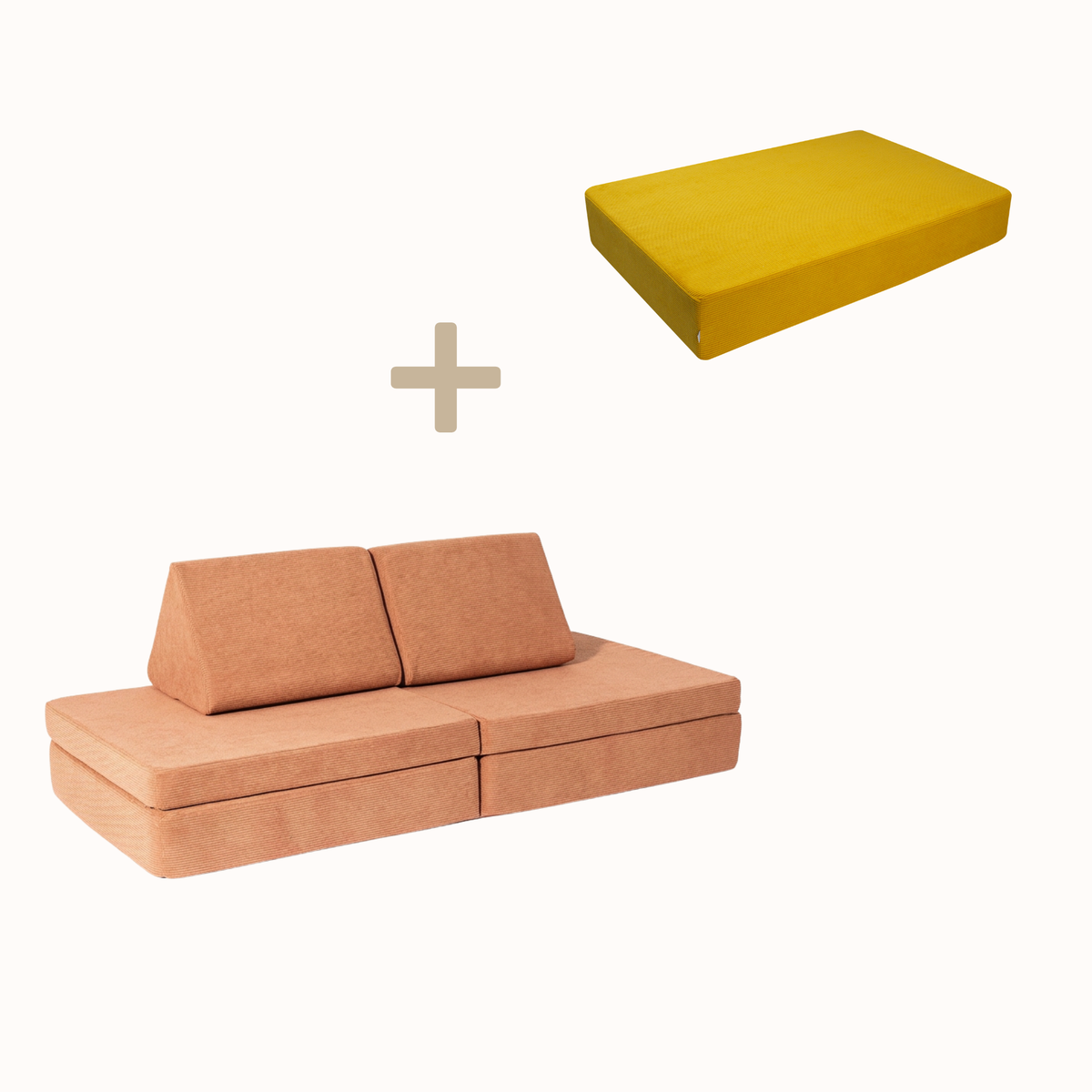malwim Bundle aus Hüpfpolster Cord in Goldgelb und Spielsofa Cord in Coral, handgefertigt und OEKO-TEX zertifiziert