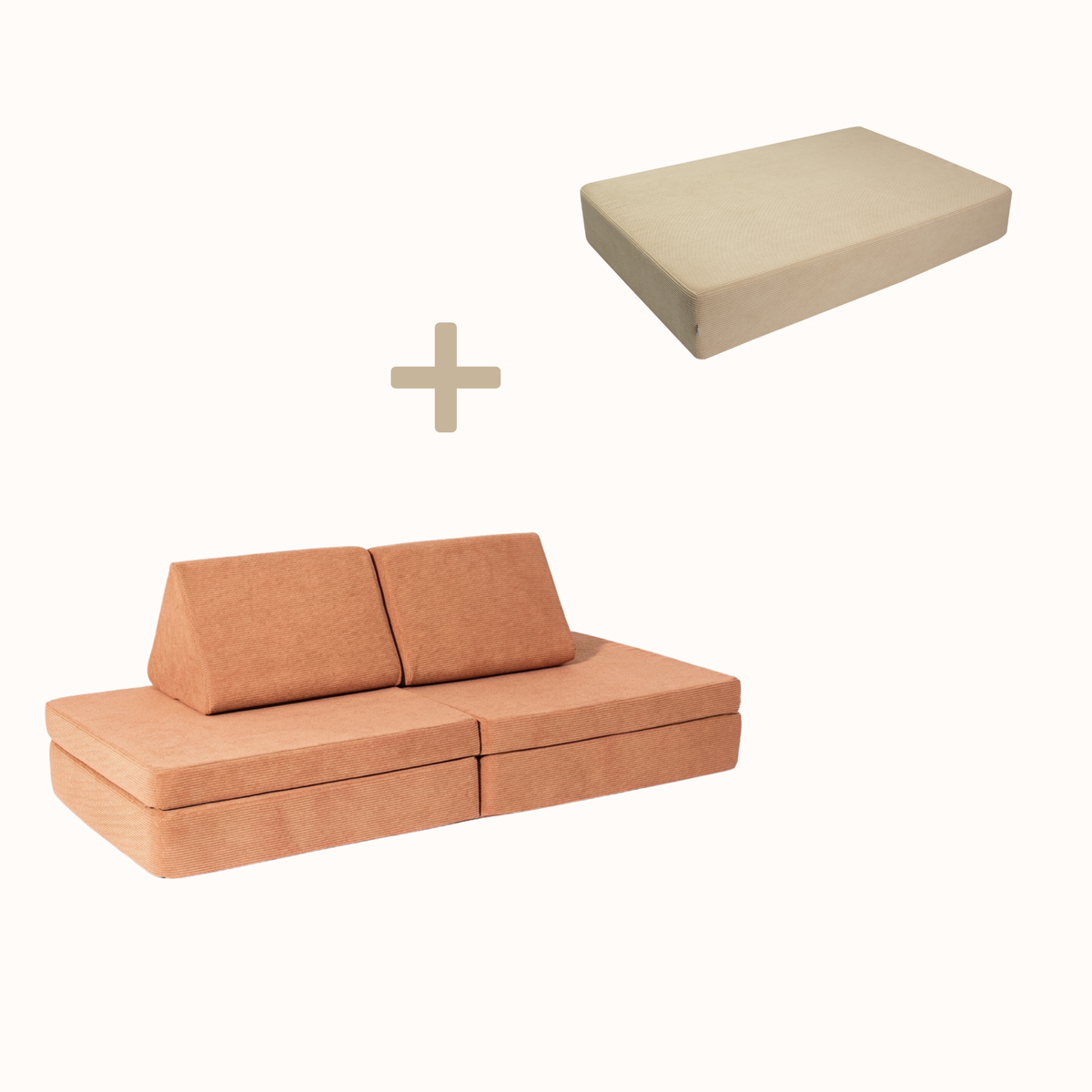 malwim Bundle aus Hüpfpolster Cord in Beige und Spielsofa Cord in Coral, handgefertigt und OEKO-TEX zertifiziert
