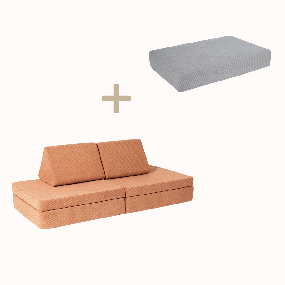 malwim Bundle aus Hüpfpolster Cord in Mausgrau und Spielsofa Cord in Coral, handgefertigt und OEKO-TEX zertifiziert