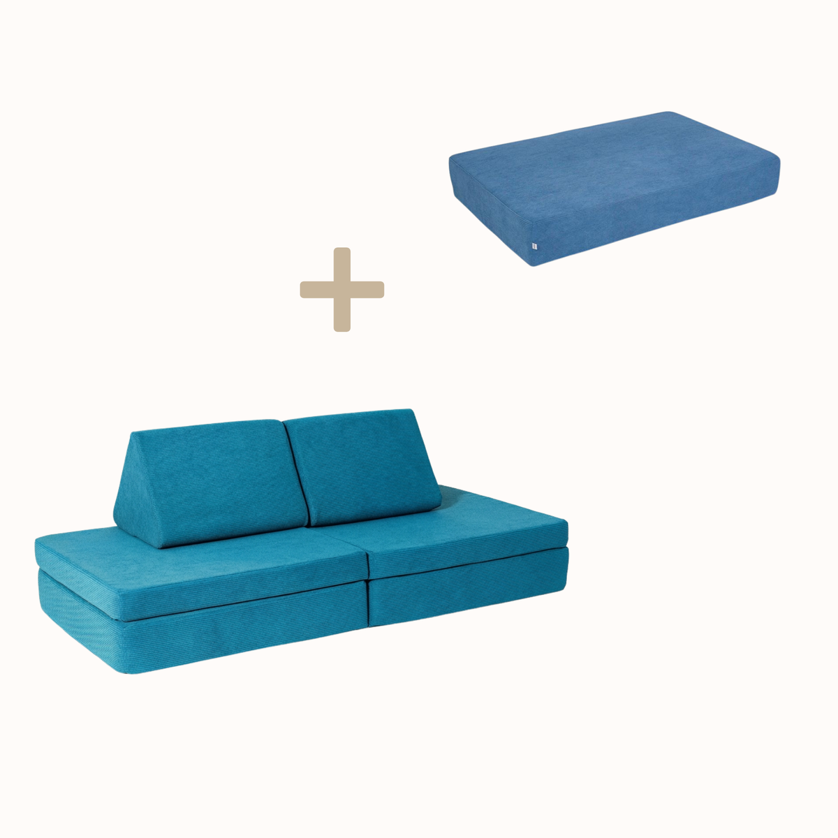 malwim Bundle aus Spielsofa und Hüpfpolster Cord, Ton in Ton in Azurblau, handgefertigt und OEKO-TEX zertifiziert