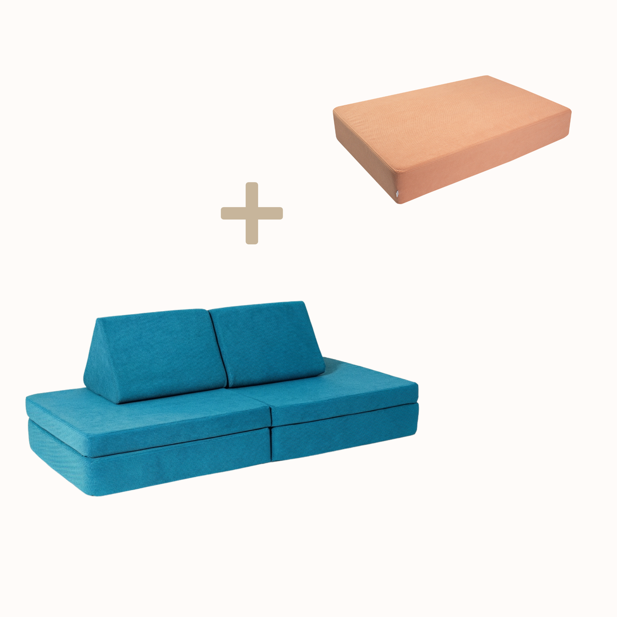 malwim Bundle aus Hüpfpolster Cord in Coral und Spielsofa Cord in Azurblau, handgefertigt und OEKO-TEX zertifiziert