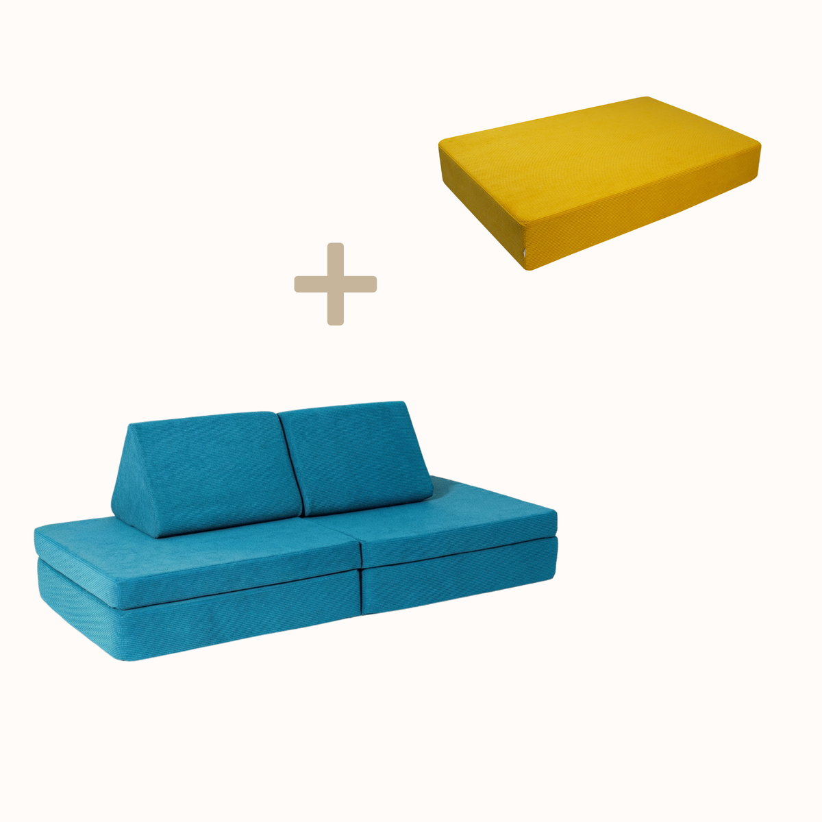 malwim Bundle aus Hüpfpolster Cord in Goldgelb und Spielsofa Cord in Azurblau, handgefertigt und OEKO-TEX zertifiziert