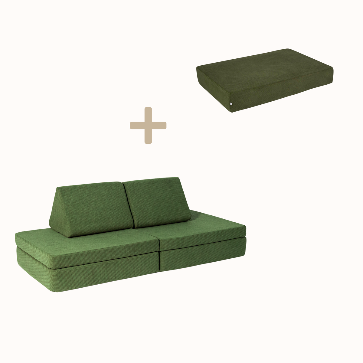 malwim Bundle aus Spielsofa und Hüpfpolster Cord, Ton in Ton in Olivgrün, handgefertigt und OEKO-TEX zertifiziert