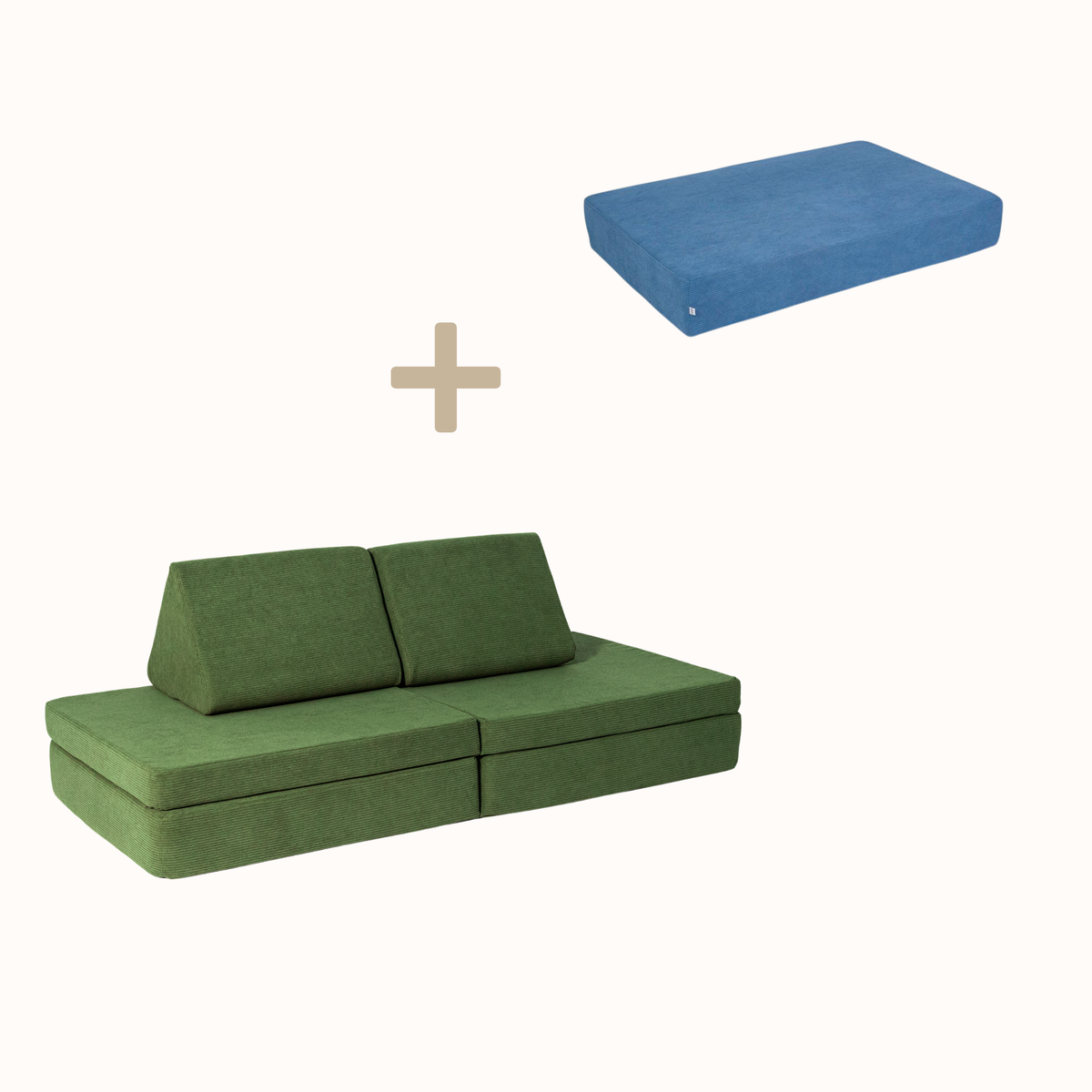 malwim Bundle aus Hüpfpolster Cord in Azurblau und Spielsofa Cord in Olivgrün, handgefertigt und OEKO-TEX zertifiziert