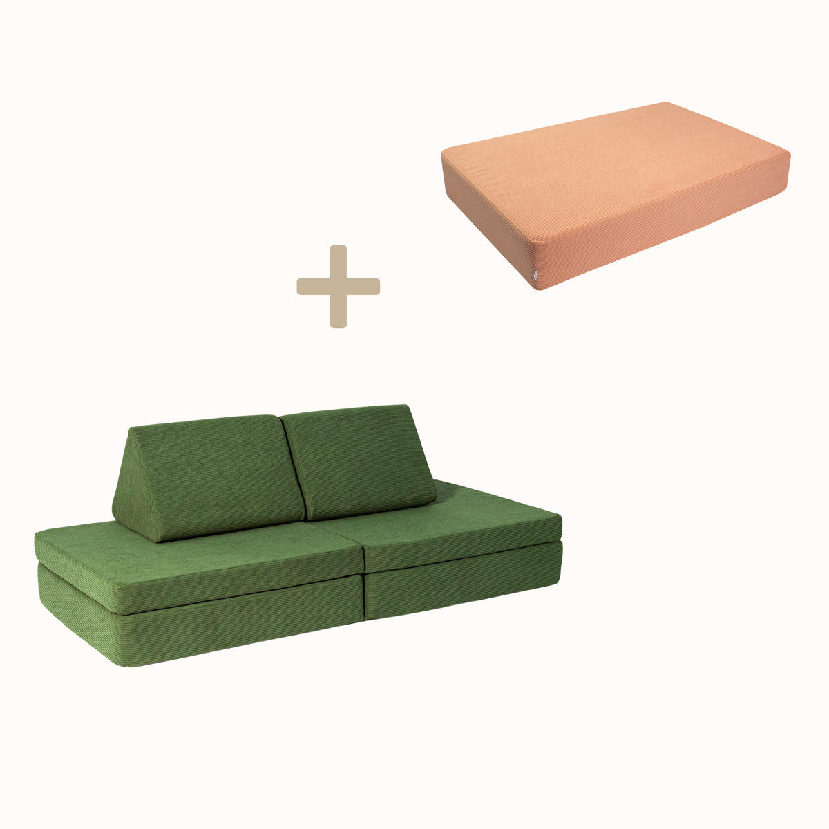 malwim Bundle aus Hüpfpolster Cord in Coral und Spielsofa Cord in Olivgrün, handgefertigt und OEKO-TEX zertifiziert