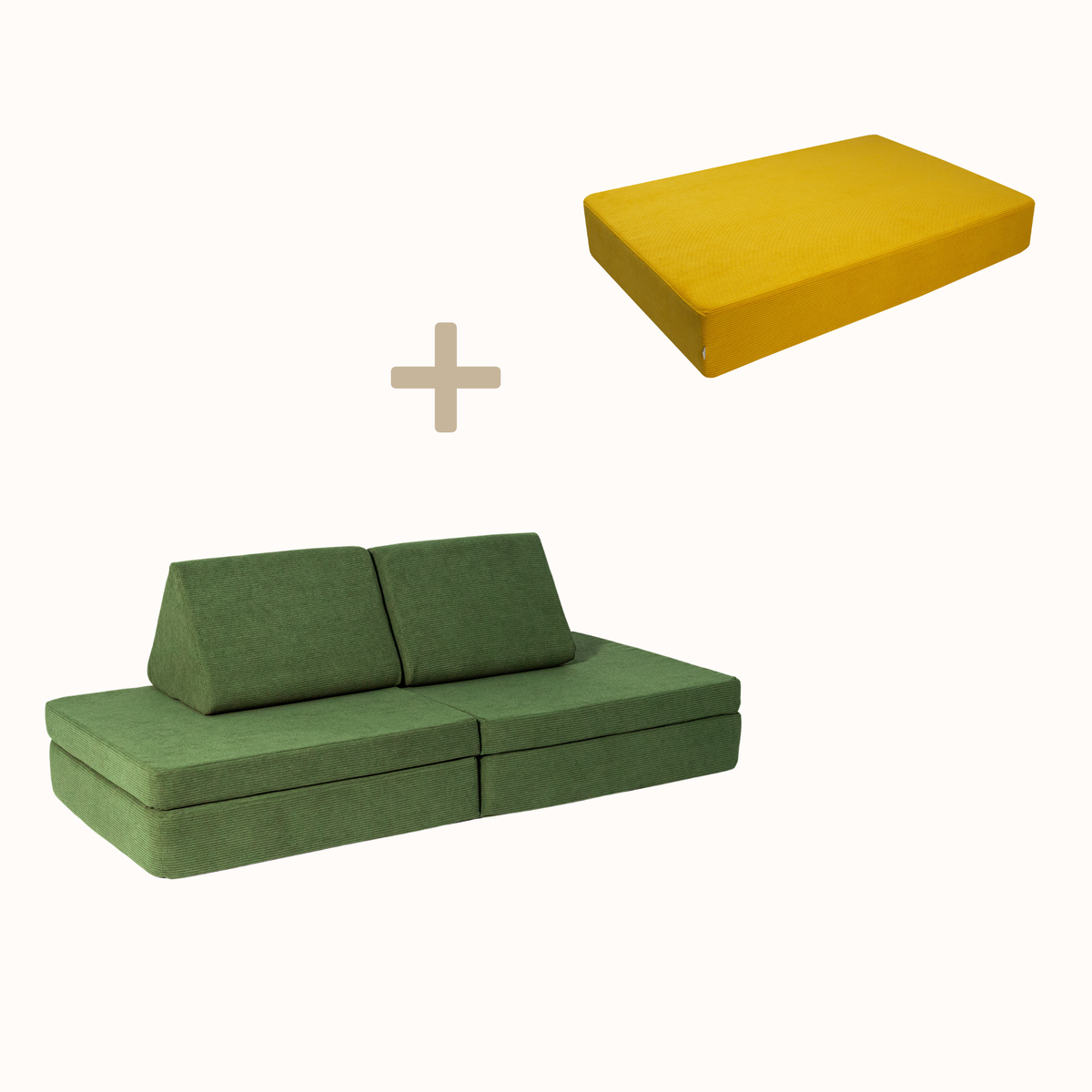 malwim Bundle aus Hüpfpolster Cord in Goldgelb und Spielsofa Cord in Olivgrün, handgefertigt und OEKO-TEX zertifiziert