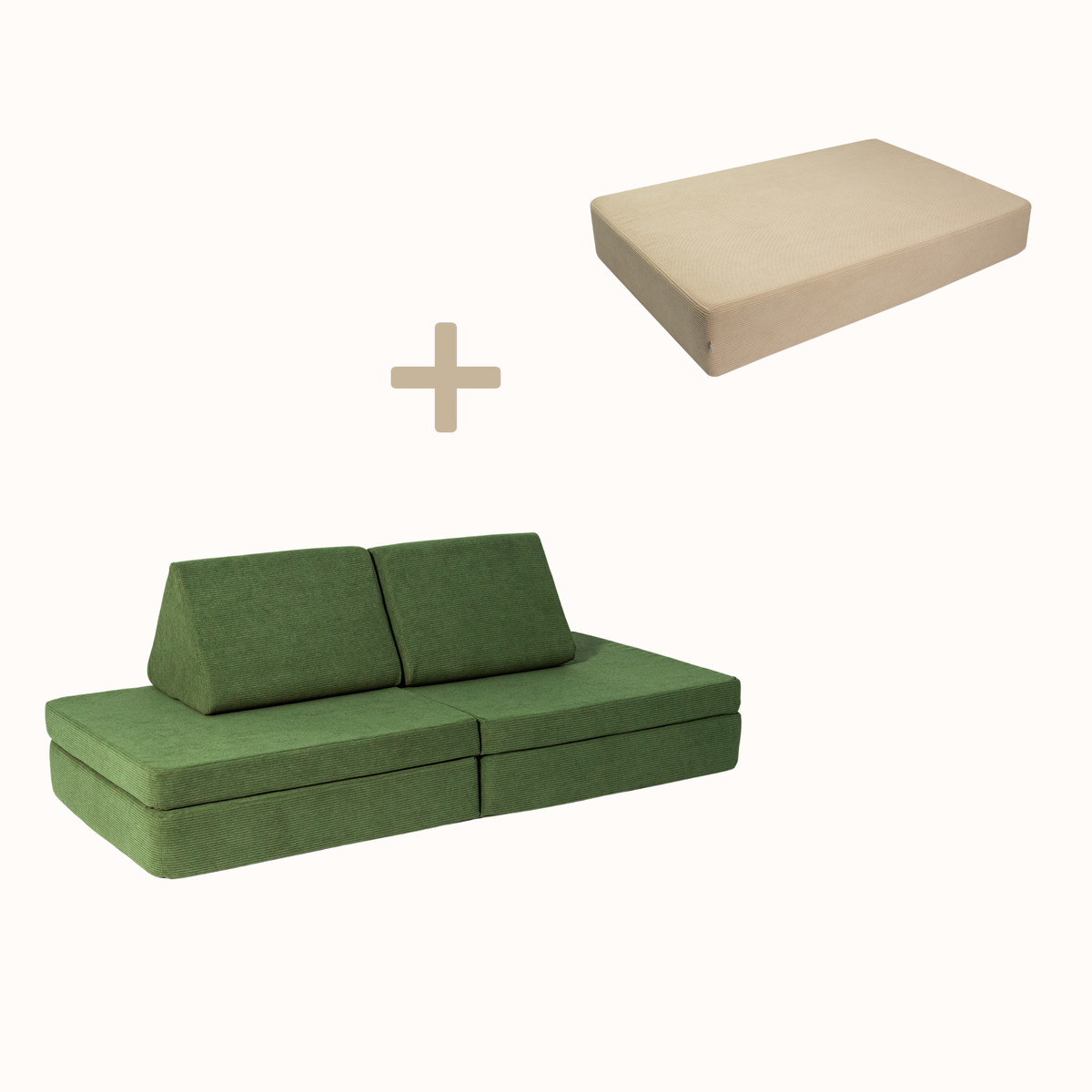 malwim Bundle aus Hüpfpolster Cord in Beige und Spielsofa Cord in Olivgrün, handgefertigt und OEKO-TEX zertifiziert