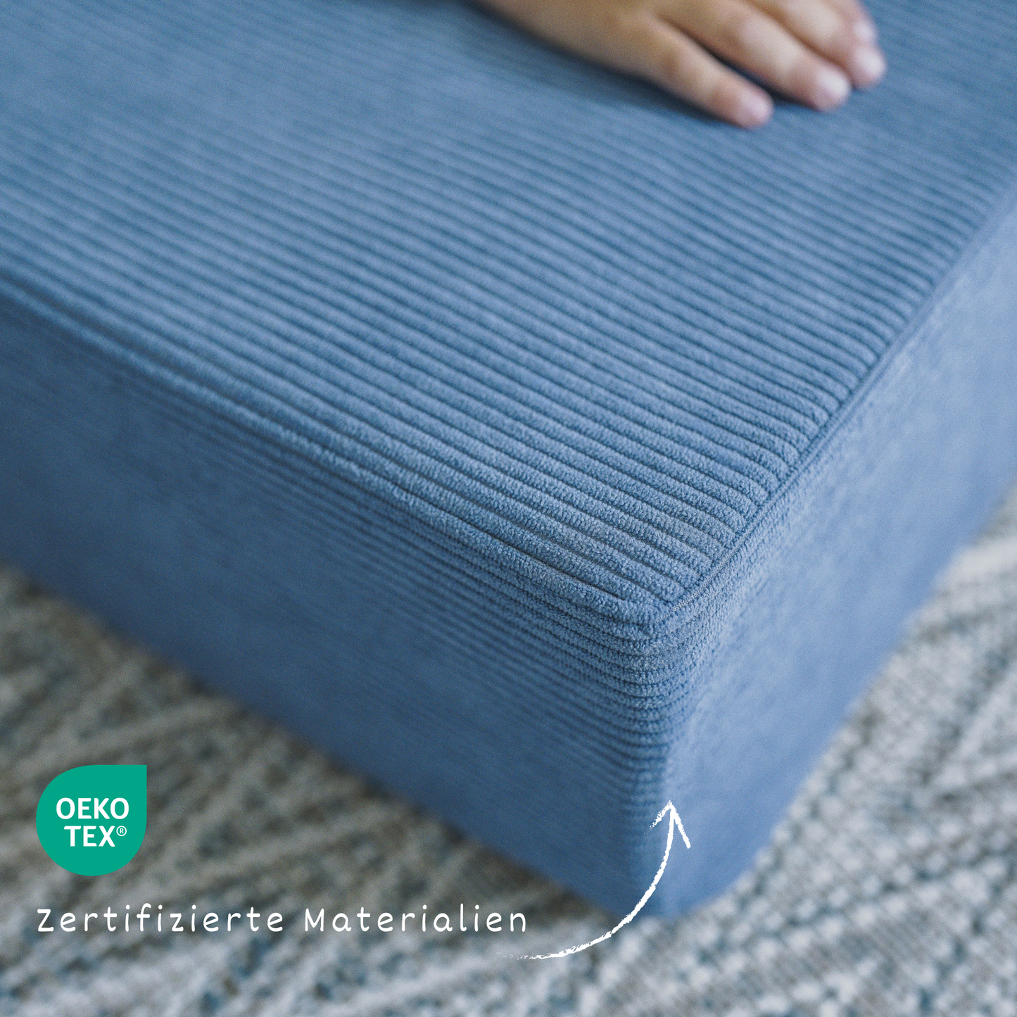 malwim Hüpfpolster Cord – OEKO-TEX Label und Qualitätsdetail in Nahaufnahme
