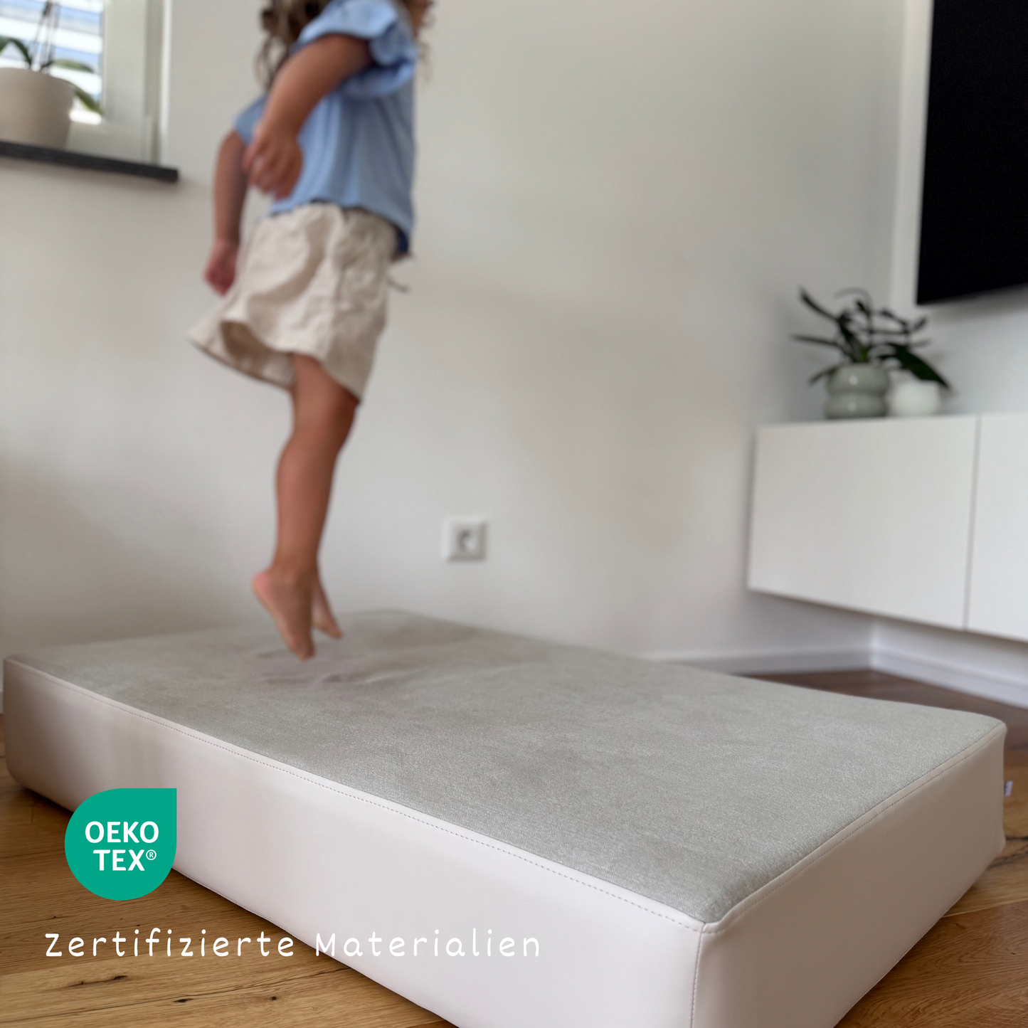 Nahaufnahme Webstoff-Bezug malwim Hüpfpolster Webstoff Sand/Beige – OEKO-TEX zertifizierter Stoff
