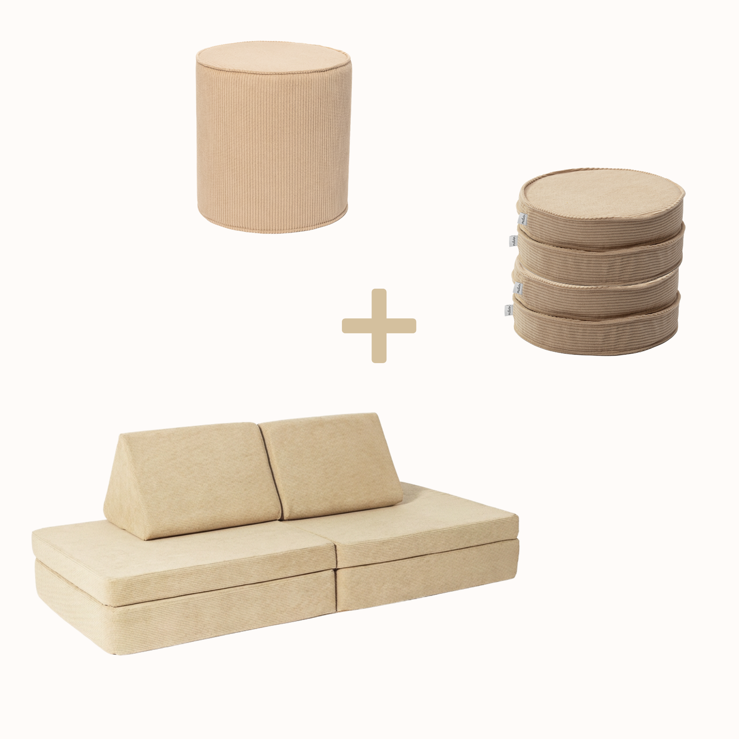 Spielsofa Bundle M (Spielsofa + 4 Loopis + Pouf) aus beigem Cord für Kinder – handgefertigt und OEKO-TEX zertifiziert – malwim
