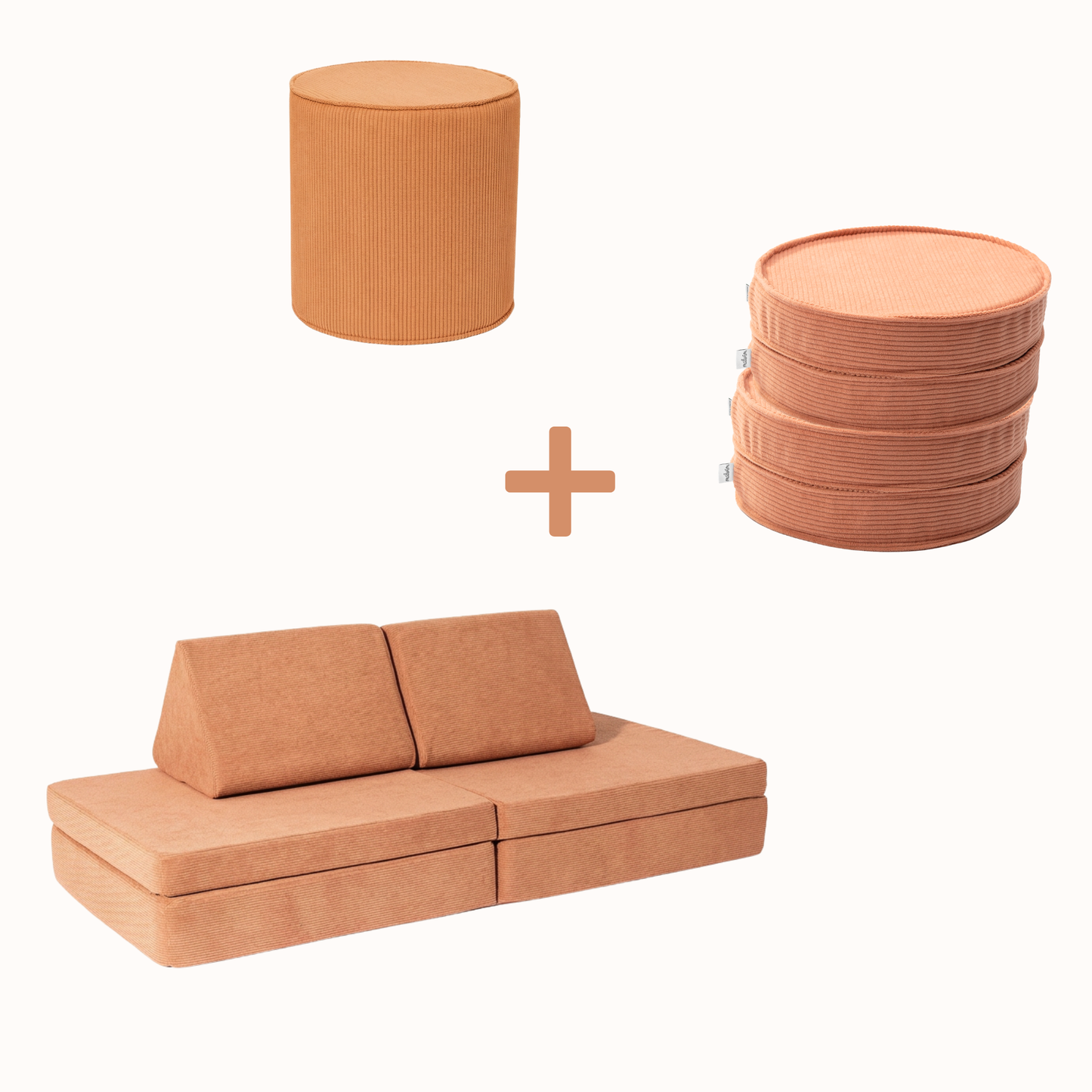 Spielsofa Bundle M (Spielsofa + 4 Loopis + Pouf) aus korallem Cord für Kinder – handgefertigt und OEKO-TEX zertifiziert – malwim
