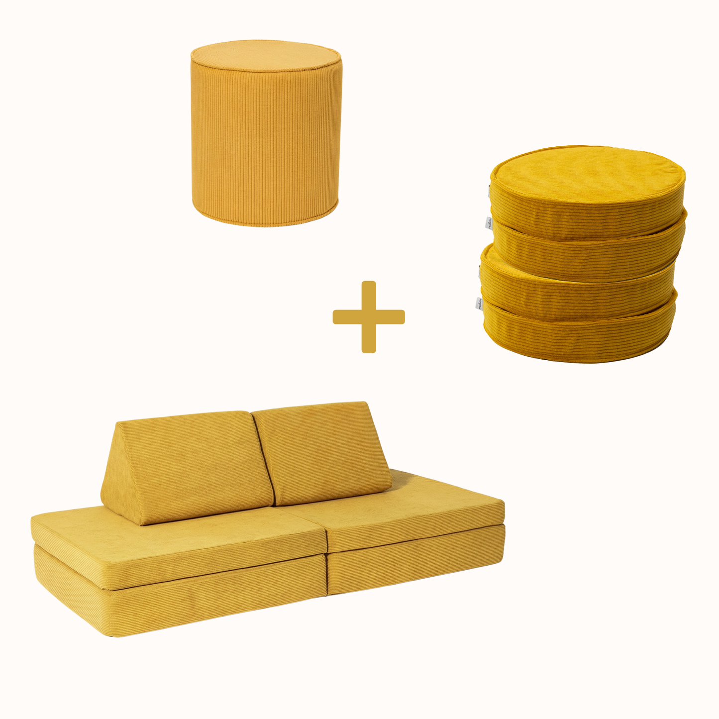 Spielsofa Bundle M (Spielsofa + 4 Loopis + Pouf) aus goldgelbem Cord für Kinder – handgefertigt und OEKO-TEX zertifiziert – malwim
