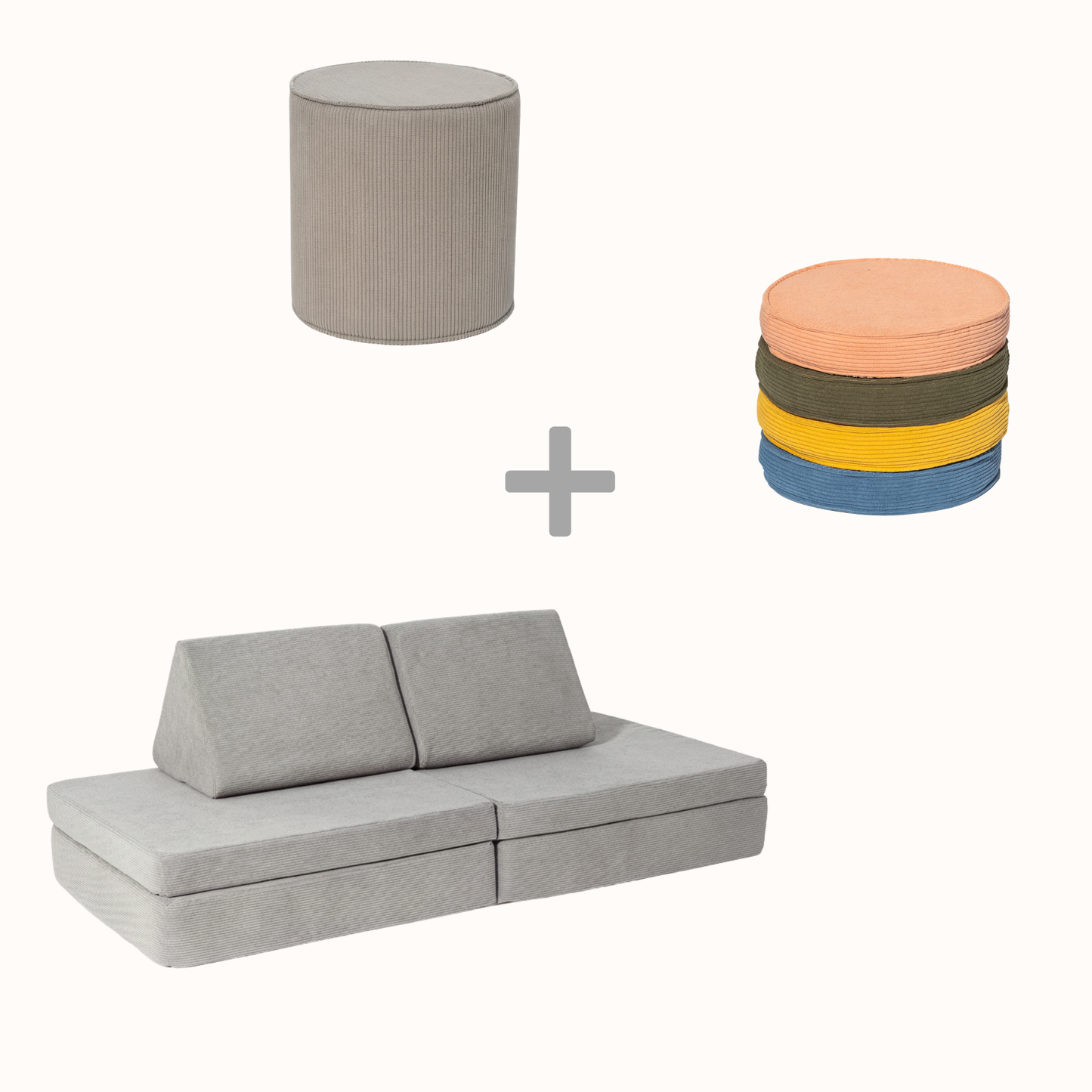 Spielsofa Bundle M (Spielsofa + 4 Loopis + Pouf) aus mausgrauem Cord für Kinder – handgefertigt und OEKO-TEX zertifiziert – malwim
