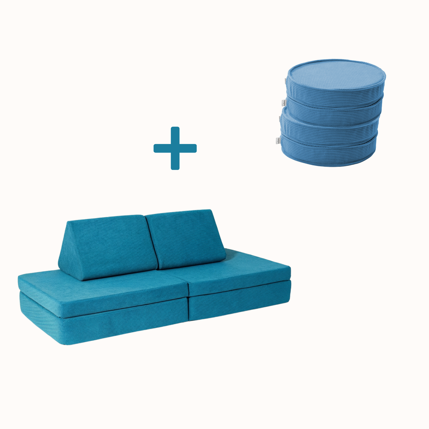 Spielsofa Bundle S (Spielsofa + 4 Loopis) aus azurblauem Cord für Kinder – handgefertigt und OEKO-TEX zertifiziert – malwim
