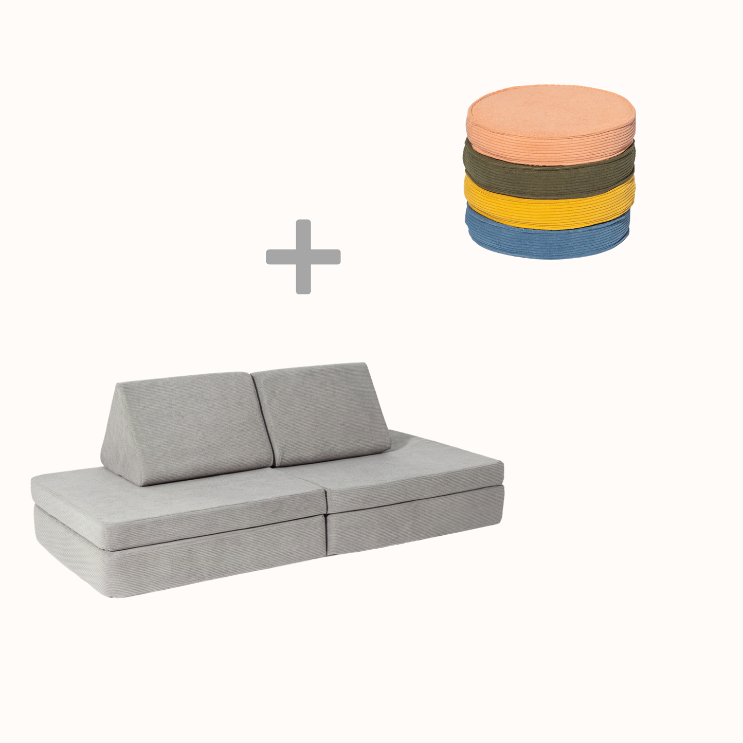 Spielsofa Bundle S (Spielsofa Mausgrau + 4 Loopis Rainbow) aus Cord für Kinder – handgefertigt und OEKO-TEX zertifiziert – malwim
