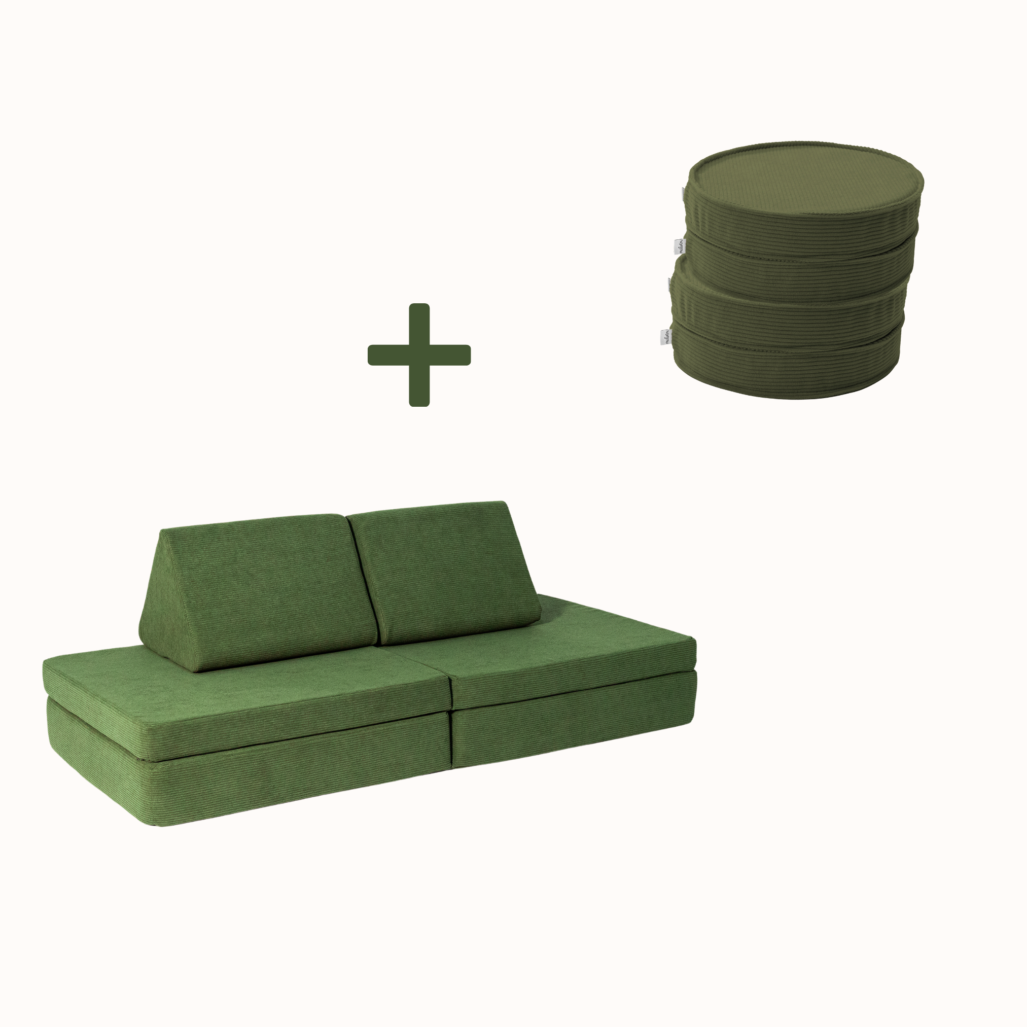 Spielsofa Bundle S (Spielsofa + 4 Loopis) aus olivgrünem Cord für Kinder – handgefertigt und OEKO-TEX zertifiziert – malwim
