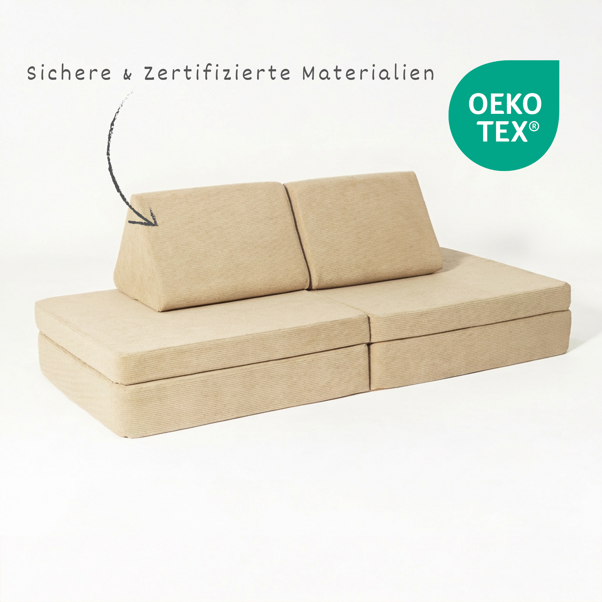 malwim Spielsofa Cord – OEKO-TEX Label und Qualitätsdetail
