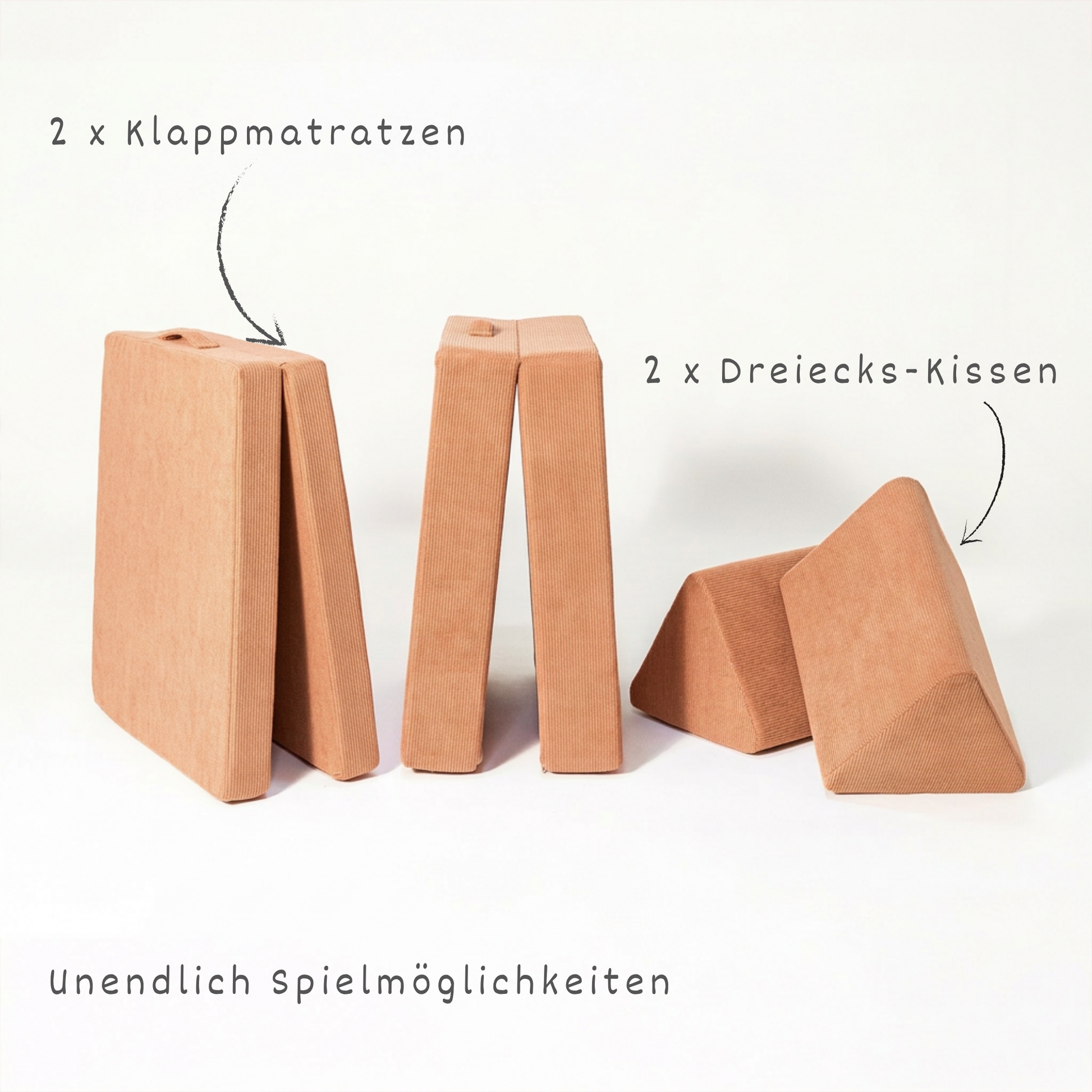 malwim Spielsofa Cord Coral aufgeklappt – 2 Klappmatratzen und 2 Dreiecks-Kissen für unendliche Spielmöglichkeiten, OEKO-TEX zertifiziert, handgefertigt in der EU