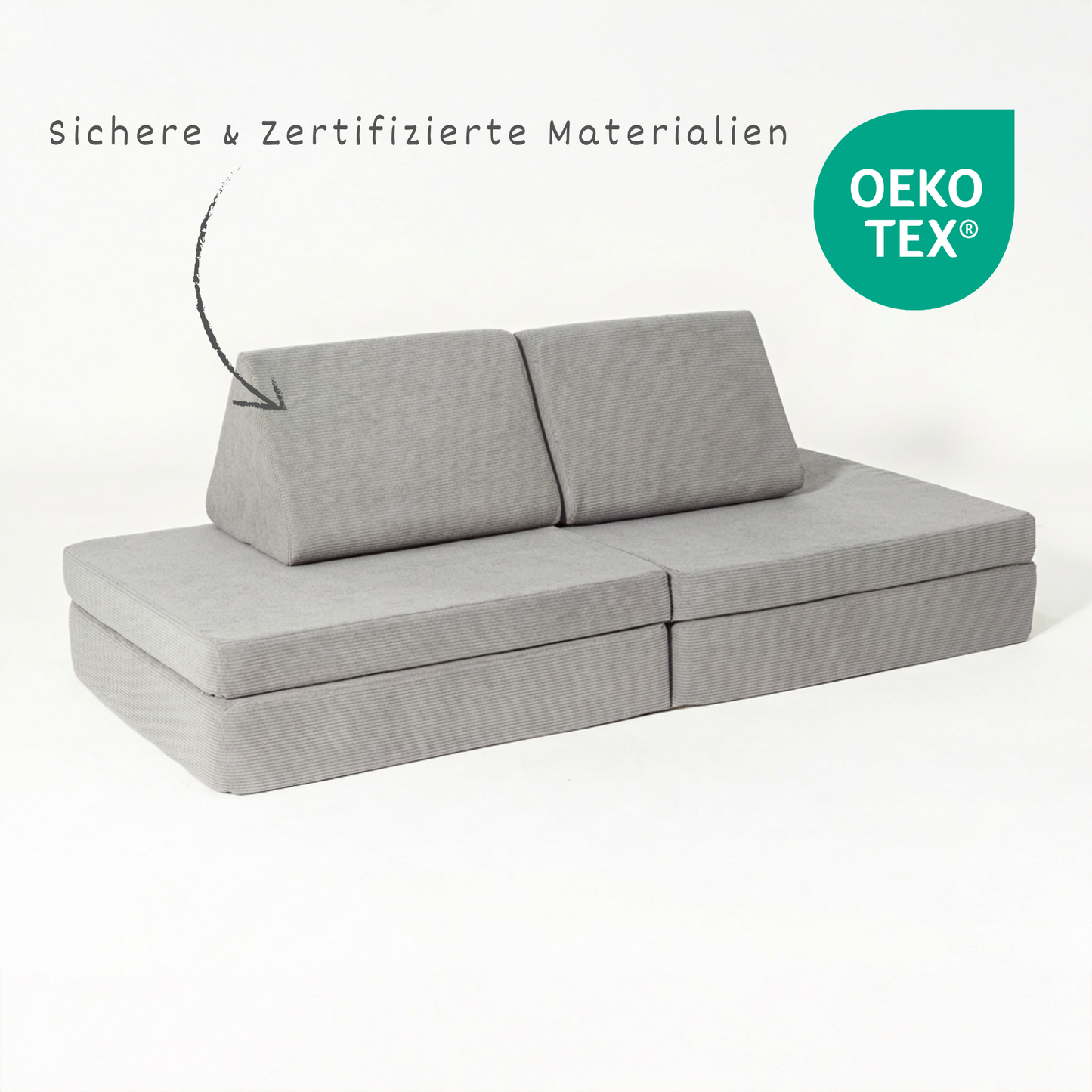 malwim Spielsofa Cord – OEKO-TEX Label und Qualitätsdetail in Nahaufnahme
