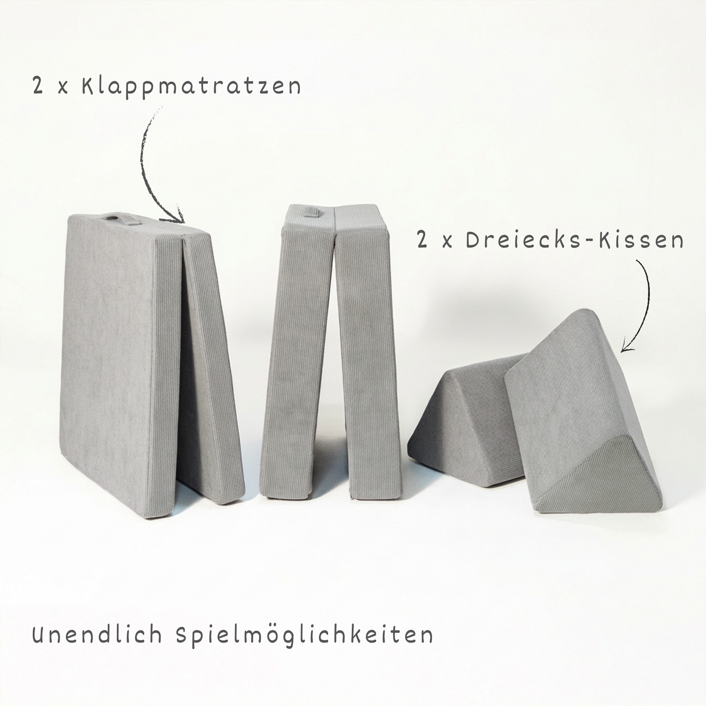 malwim Spielsofa Cord Mausgrau aufgeklappt – 2 Klappmatratzen und 2 Dreiecks-Kissen für unendliche Spielmöglichkeiten, OEKO-TEX zertifiziert, handgefertigt in der EU